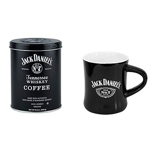 Jack Daniels Coffee and Mug Set (Black/White, 8.8 oz) - 100% Arabica - Medium Roasted Ground Coffee- Kosher - Official Licensed - 8 fl oz Mug