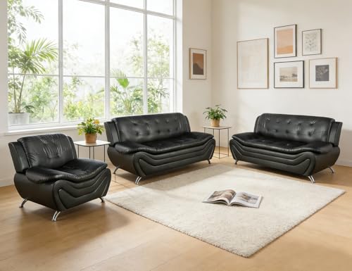 Anthato Black Leather Sectional Sofa Couch Set, Modern Living Room