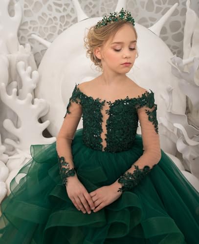 Long Sleeve Flower Girl Dresses Girls Lace Applique Princess Ruffles Pageant Dress Tulle Long Party Ball Gown3