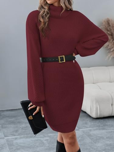 Image of Women's Turtleneck Textured Lantern Sleeve Ribbed Knit Mini Dress Pullover Oversized Sweater Dresses S-XL