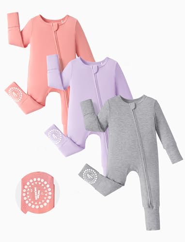 PATPAT Baby Footies Boys Girls - Bamboo Viscose - Zipper & Non-Slip Soles Romper Mitten - Footed & Footless Infant Clothes
