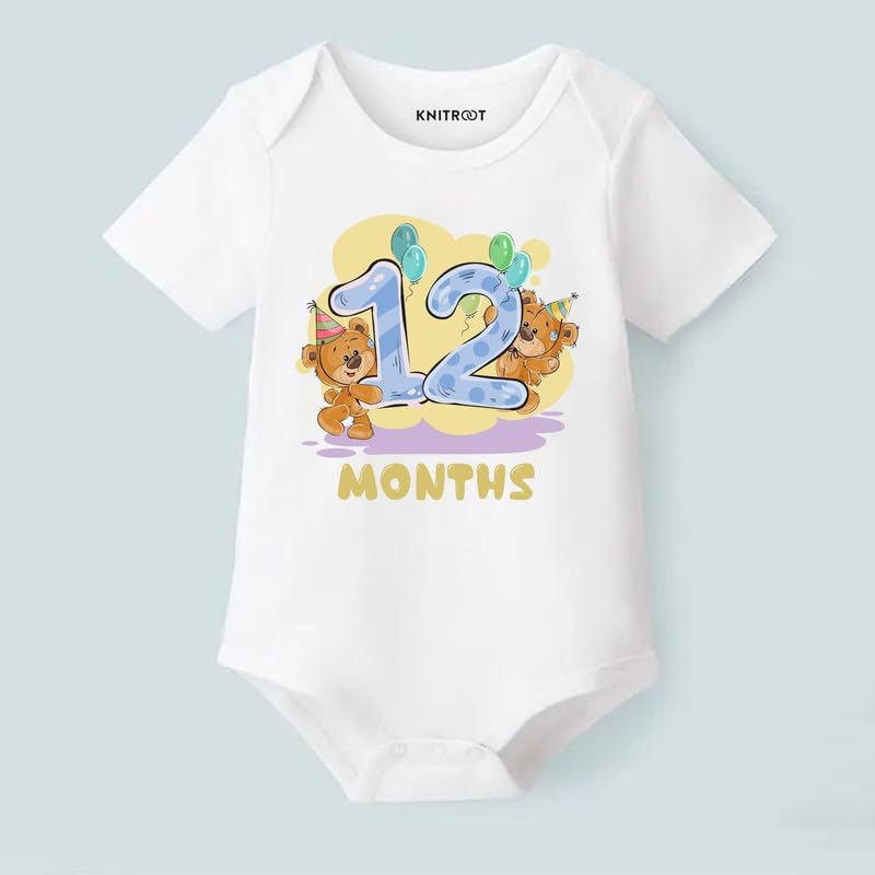 Image of Knitroot Monthly Birthday Teddy Special, Newborn Baby Half Sleeve Unisex Romper, Onesies, Sleepsuit, Body Suit, Envelope Neck, 1 to 12 Months Print, 0-12 Months, Infant Cloth for Boys & Girls