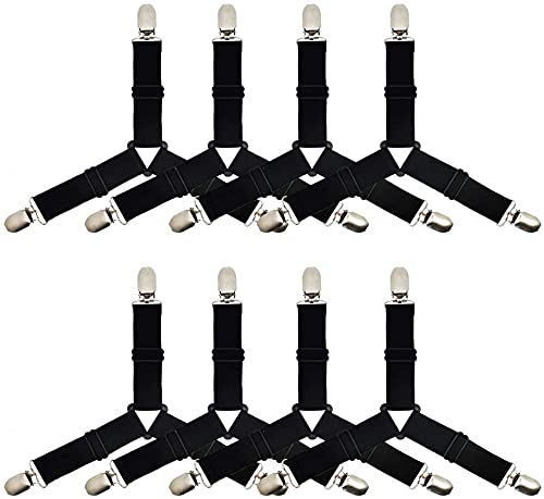 Tuyeabc Bed Sheet Holder Straps, Triangle Adjustable Elastic Fitted Sheet Clips, 3 Way Sheets Corner Straps Grippers Fasteners Suspenders Heavy Duty For Bedding Sheets (8Pcs_Black) #TOP4