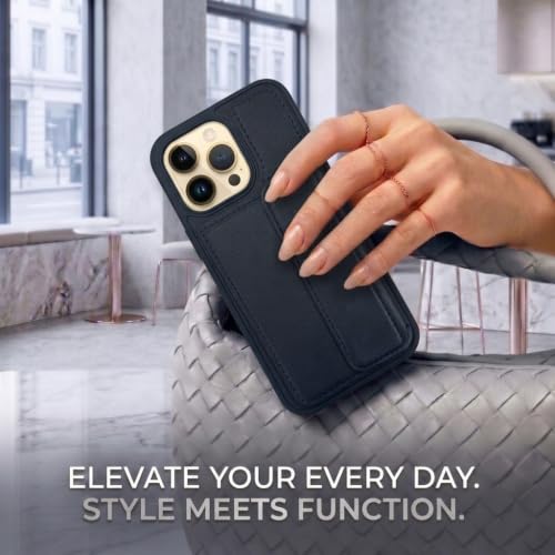 Image of amazon basics Luxury Vegan Leather Back Cover for iPhone 14 Pro | Built-in Card Holder Slot | Integrated Mobile Stand | Slim Shockproof Protective Case with Stitched Finish - Blue