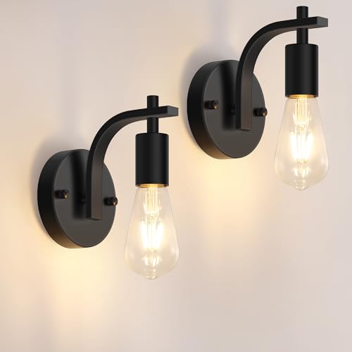 Gbood 2 Pack Black Industrial Wall Lights Vintage E27 Wall Lamps Wall Sconce Lights Metal for Bedroom Living Room Kitchen Hallway (E27 Socket Bulb Not Included)