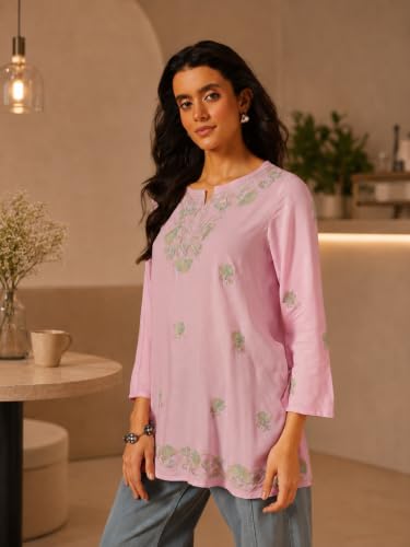 Image of QAZMI Women's Zayesha Aari Embroidered Viscose Rayon A-Line Flared Short Kurti