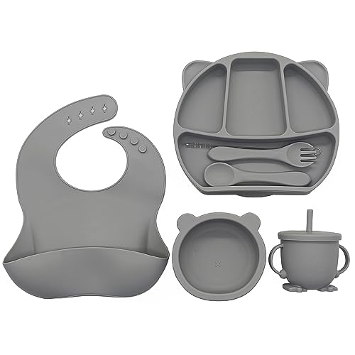 Image of JD JEN-DAY Silicone Baby Feeding set - 6 pcs. Baby Led Weaning supplies. Bib Plate Bowl Cup Spoon and fork. Bibs for Baby