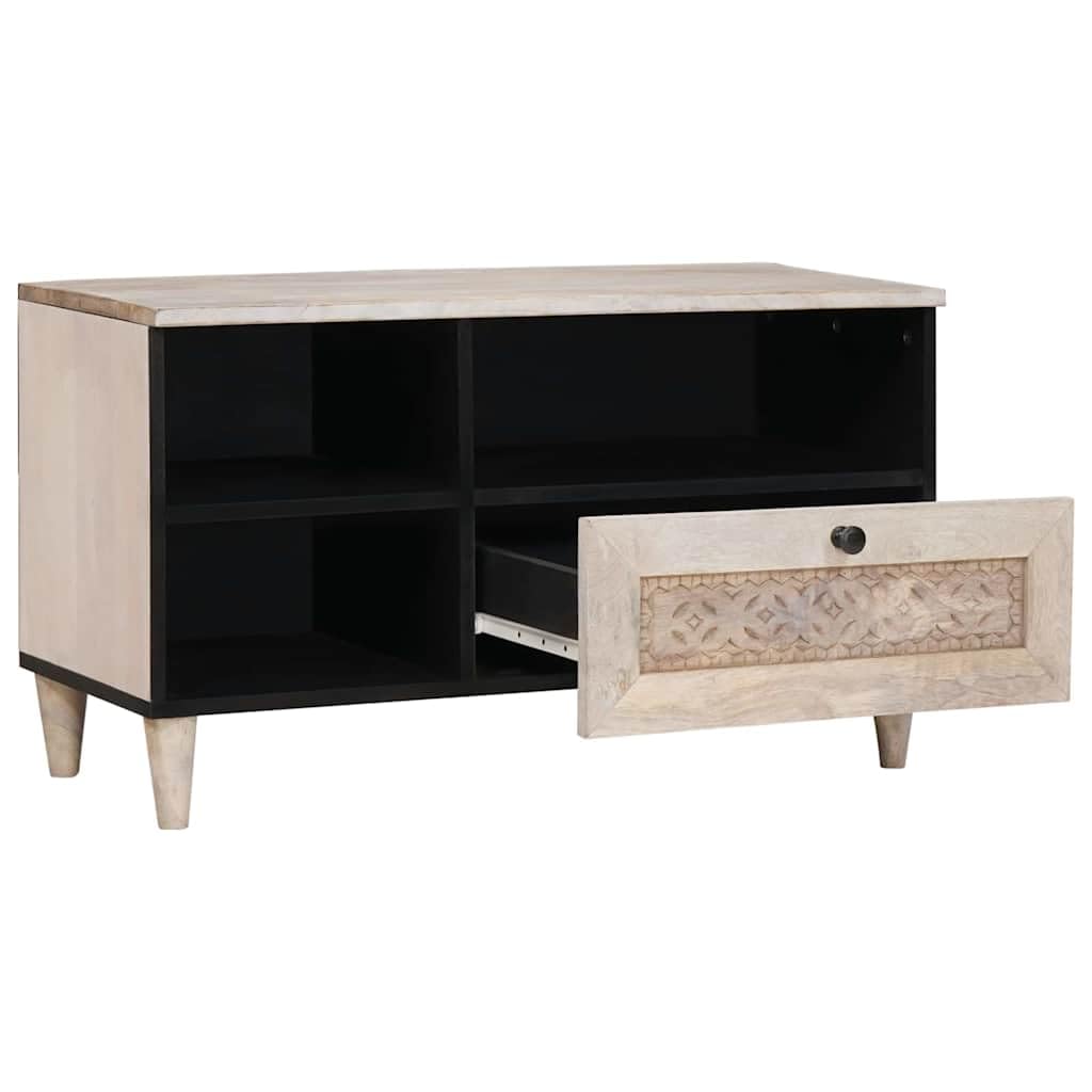 TV-Schrank aus massivem Mangoholz 80 x 33 x 46 cm im Bleached White Design mit Schublade