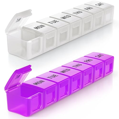 Image of BUG HULL Weekly Pill Organizer Large 2 Packs, Extra Large Travel Pill Organizers, Pill Box 7 Day, Travel Pill Case, Medicine Pill Organizer for Vitamins, Supplements and Medication (White+Purple)