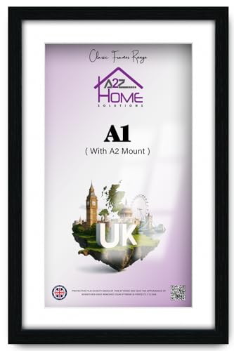 A2Z Home Solutions Photo Frame Black A1 Frame With A2 Mount Picture Poster Print With Clear HD Perspex 30x15 MM Moulding Mounting Hooks MDF Backboard