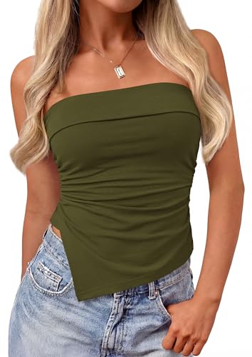 PRETTYGARDEN Going Out Tube Tops for Women Trendy Summer 2026 Asymmetrical Ruched Strapless Bandeau Shirts Spring Clothes (Army Green,X-Large)