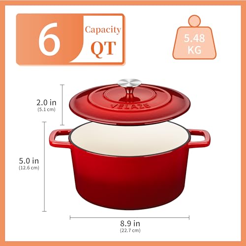 Image of Velaze 6 QT Enameled Cast Iron Dutch Oven Pot with Lid, Red