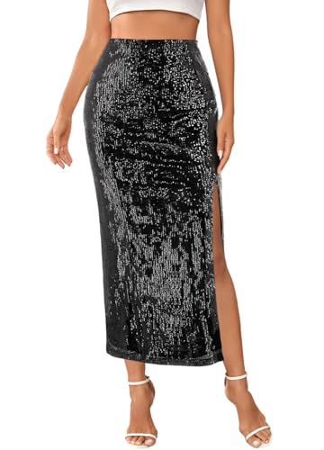 Segreto Women's Sequin Maxi Skirt High Waist Split Hem Long Pencil Skirts