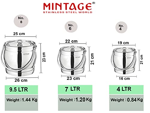 Image of Mintage Milk Barni 4+7+9.5 litres Set of 3 |Oil Can | Heavy Body | Pot Ghee Container | Stainless Steel with Lid |Storage Dolchi