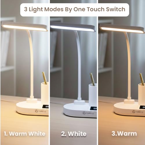 Image of Toreto London Smart LED Desk Lamp with Digital Clock, 45-Min Timer, 3 Light Modes, Detachable Pen Holder, Touch Control, Type-C Charging, ABS Body (White)