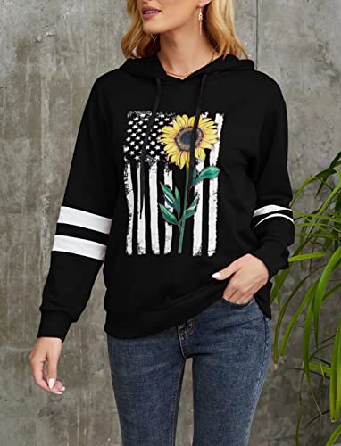 Ticticmimi Women Sunflower Print Sweatshirts Color Block Long Sleeve Hoodies Lightweight Drawstring Pullover Tops Black #TOP1