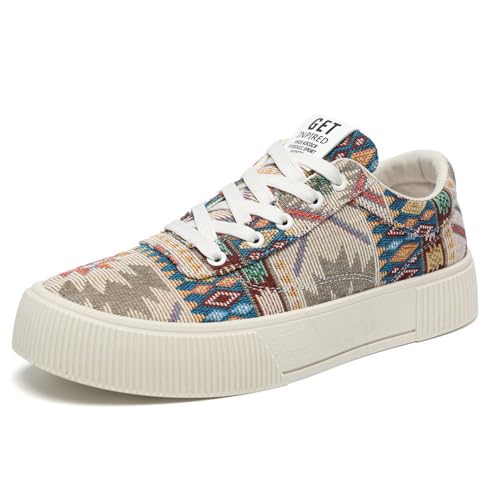 tazimall Men's Ethnic Pattern Lace-up Platform Sneakers, Casual Canvas Shoes