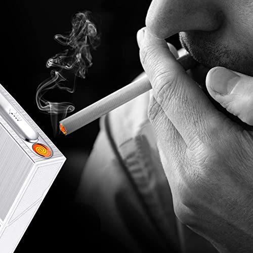 Dxin Cigarette Case Module With Electric Lighter Usb Rechargeable For Whole Package 100Mm Cigarettes 20Pcs King Size,Flameless, Windproof,Moisture-Proof,Silver #TOP5