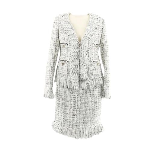 Women's Long-Sleeved Tassel Tweed Jacket Skirt Professional 2-Piece Suit