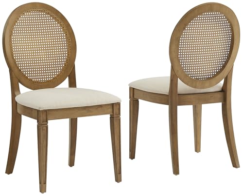 Crosley Furniture Katia Traditional Oval Cane-Back Dining Room Chairs Set of 2, Upholstered Kitchen Chair, Driftwood/Crème