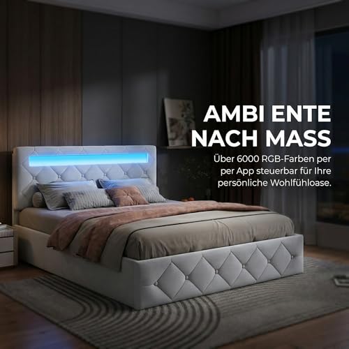 BRYXR Bett 140x200, Polsterbett Doppelbett mit LED, Hydraulisch Stauraumbett mit Lattenrost, Verstellbare Kopfteil, Funktionsbett, Jugendbett, Ohne Matratze, Beige Samt