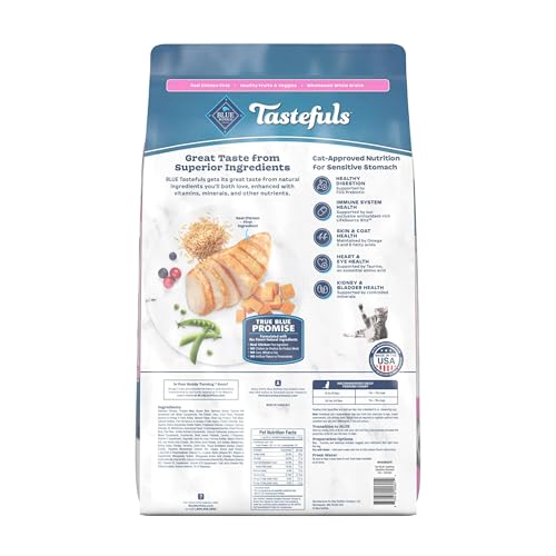 Blue Buffalo Tastefuls Chicken & Brown Rice Recipe Sensitive Stomach Adult Dry Cat Food, Real Chicken First, Deliciously Healthy Natural Cat Food, Natural Ingredients, Supports Digestion, 15-lb Bag
