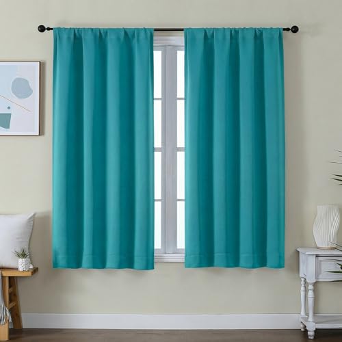 Image of Simplebrand Ava Teal Short Blackout Curtains for Bedroom 54 Inches Long 2 Panels Set, Solid Thermal Insulated, Energy Saving Window Treatment Curtains Blackout Drapes, W40 x L54 Inch