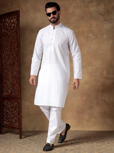 Image of Men's Solid Regular Fit Ethnic Wear White Kurta Pajama Set with Front Pocket