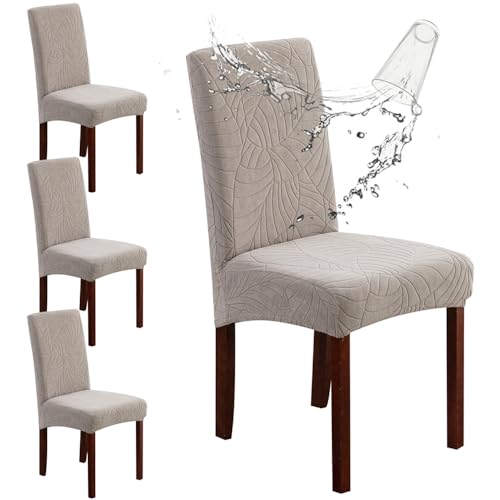 Goodern Waterproof Chair Covers for Dining Room 4 PCS Stretch High Back Chair Cover Jacquard Dining Chair Slipcovers Removable Washable Chair Protector for Kitchen Home Restaurant Banquet-Light Grey