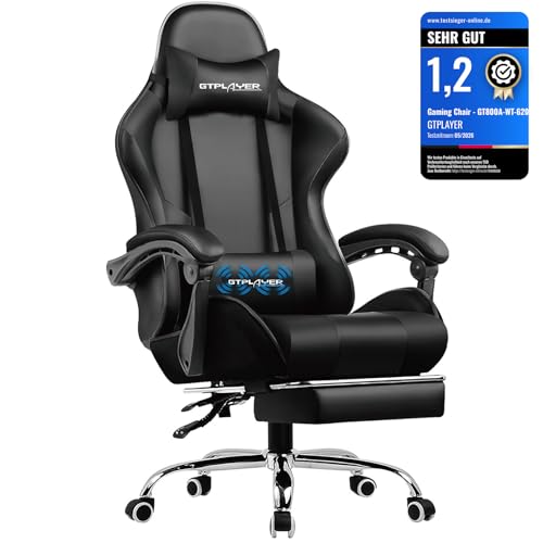 GTPLAYER Bürostuhl Gaming Stuhl Massage Gaming Sessel Ergonomischer Gamer Stuhl mit Fußstütze, Gepolstert Gaming Chair, Drehsessel 150KG, schwarz