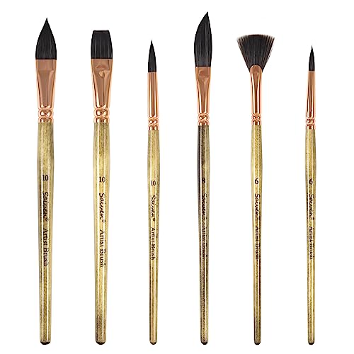 Sable Watercolor Brushes Professional Watercolor Paint Brushes for Artists 6pcs - Variety Shapes with Flat,Pointed Rounds, Dagger Stripper,Fan for Watercolor Acrylic Gouache Inks Painting
