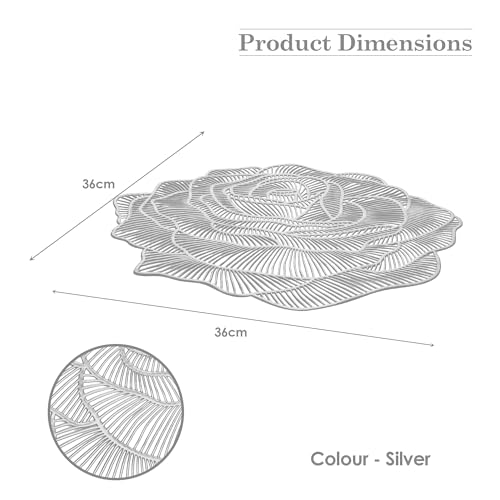 Image of Kuber Industries Leather Table Mats Set of 6 | Washable Placemat /Dining Table Mat for Wedding and Family Functions | Gulab Design - Silver