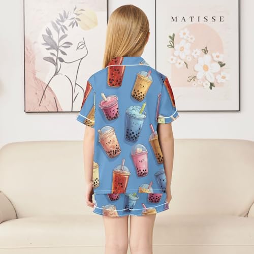 Satin Pajama Sets Short Sleeve Bubble Tea Colorful Pattern Button Down Silky Nightwear 2 Piece PJS 5Y,4