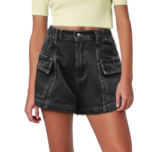 Duohropke Pantalones cortos de mezclilla para mujer Y2K Pantalones cortos cargo de cintura alta de verano pantalones cortos de mezclilla de color liso cintura elástica con bolsillos laterales sexy