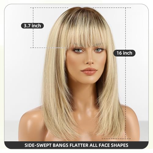 Image of 16 Inch Ombre Golden Brown Human Hair Wig, Human Hair Wig With Bangs, Real Hair Wigs For Women, real human hair wigs