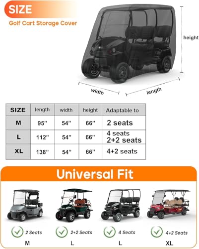 Golf Cart Cover 4 Passenger Heavy Duty, 420D Waterproof Golf Cart Covers Extended Roof Compatible with EZ GO Club Car Yamaha Golf Carts, Outdoor Dustproof 4 Seat Club Car Cover (Up to 112 Inch)