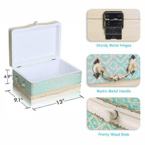 Nikky Home Large Wooden Keepsake Box With Hinged Lid, Hand-Painted Vintage Decorative Memory Storage Stash Box, 13 X 9.1 X 4.9 Inches, Pale Blue And Ivory #TOP3