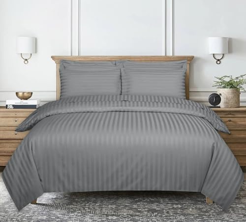 Ev Dekor® Double Duvet Cover Set Hotel Quality Stripes Satin Bedding Double Bed Set with 2 Pillowcases, Reversible Soft Microfiber Breathable Bed Covers - Light Grey - Double