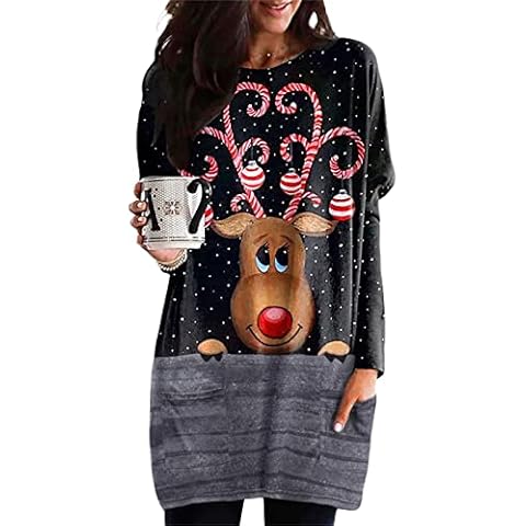 Yassiglia Christmas Jumper Women Ladies Xmas Sweatshirt Elk Print Pullover Women's Long Sleeve Tops Christmas Print Jumper Dress Outfit (Black Gray Elk, XXL) Cover