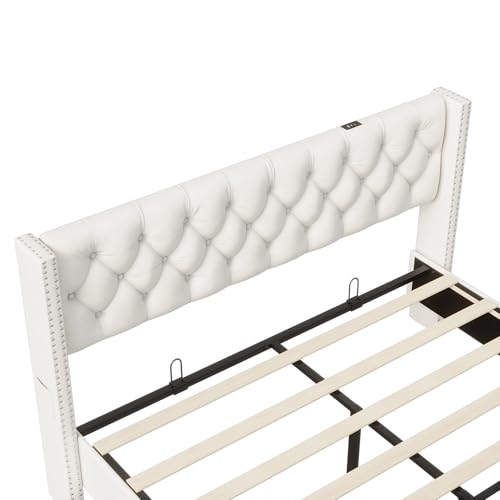 Fofetbfo Gepolstertes Doppelbett, 160 x 200 cm, mit 2 Schubladen, Bett 160 x 1200 cm mit Lattenrost, gepolstertes Kopfteil mit LED und USB, Funktionsbett mit Latten, für Erwachsene, Doppelbett, Beige – Bild 8
