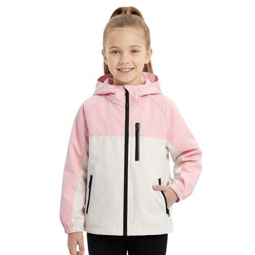 Baogaier Girls Waterproof Jacket Kids Hooded Raincoat with Zip Pockets, Lightweight Jackets with Reflective Stripes Windproof Outdoor Colorblocked Coat Outerwear 9-10 Years, Pink