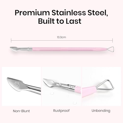 Image of Beetles Gel Nail Remover Tool Dual-end Cuticle Pusher, Triangle End Remove Gel Polish Angled End Clean Crevice Dirt Two in One Tool Dead Skin Nail Scraper Stainless Steel Pink Remover Pusher