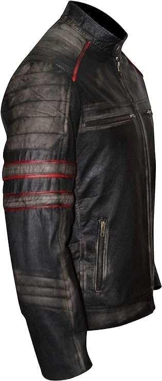 Men's Distressed Black Leather Motorcycle Jacket Vintage Biker Cafe Racer Style with Racing Stripes - Image 3