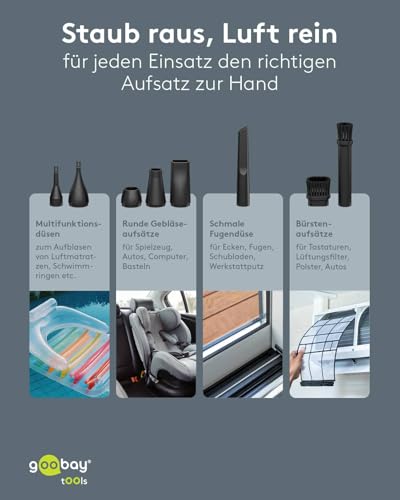 goobay Staubgebläse Superior mit 3 Stufen, 6.000 mAh Akku, 130.000 rpm, bis 110 min Betriebsdauer, inkl. 8 Aufsätze zum Entfernen von Staub auf Tastaturen, im PC, im Sofa, Autointerieur – 77831