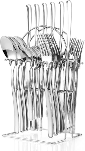 Image of 24 Pieces Flatware Set, Stainless Steel Cutlery Set with Silverware Holder, Modern Gold Silverware Set Includes Dinner Knives Forks Spoons,Hanging Silverware (Silver)
