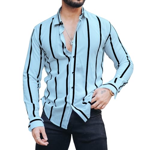 Image of MiraMichi Men's Striped Slim Fit Lycra Shirt | Full Sleeve Stretchable Shirt | Trendy Black and White Vertical Stripes for Casual