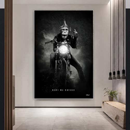 Drôle animal singe moto noir et blanc toile déco murale vide