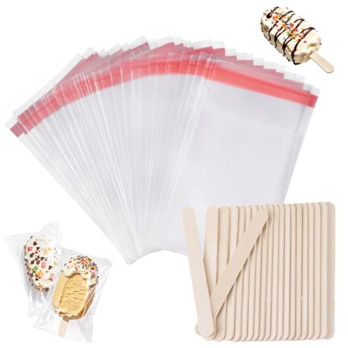 Ozera 200 Pcs Ice Pop Bags and Popsicle Sticks Cakesicle Bags with Sticks