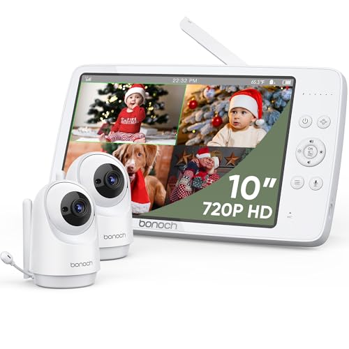 Image of bonoch MegaView Baby Monitor, 10" Video Baby Monitor with 2 Cameras, 10000mAh Battery, Quad Split Screen Baby Monitor with Camera and Audio, VOX Mode, Auto Night Vision, Remote PTZ, Hack Proof