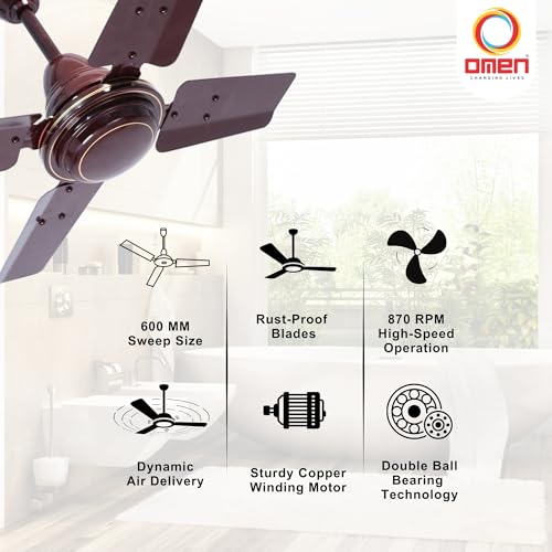 Image of Omen Changing Lives Durby 600 mm /24 inch Ceiling Fan | 900 RPM,Ultra High-Speed 4-Blade Decorative Fan | Energy-Efficient Performance | Powerful Air Delivery | 2-Year Warranty (Brown)